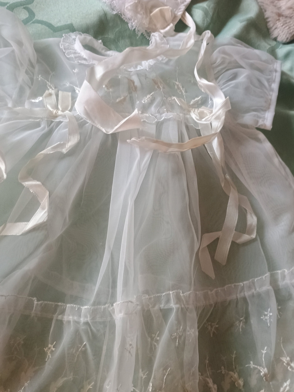 Vintage baby christening gown featuring a sheer organza overlay, with Baby Cap